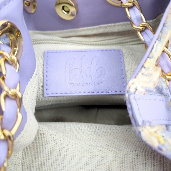 BTB Los Angeles Colette Bucket Bag Tweed Purple and Cream Purse Chain Strap - Picture 9 of 14